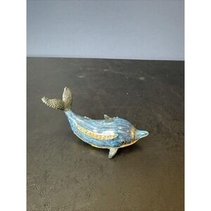 Enamel Trinket Box Blue Dolphin Porpoise Fish Rhinestones Ocean Beach 3 1/2"